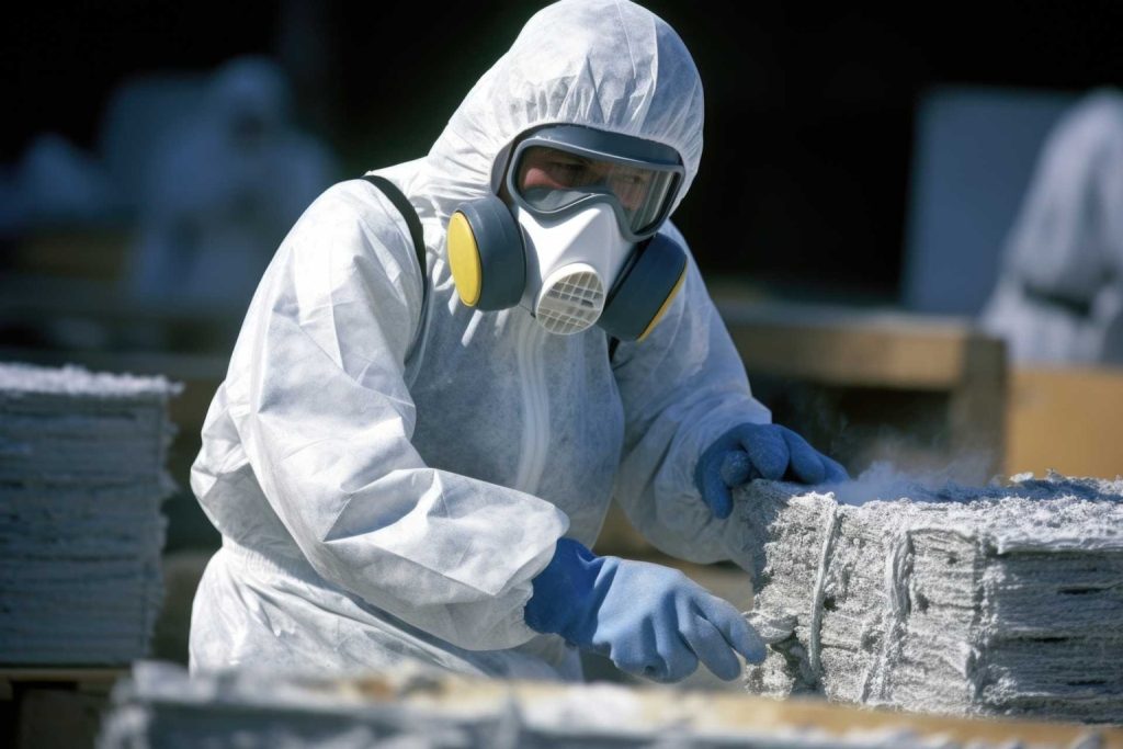 Technician in full protective equipment handling asbestos sheeting material