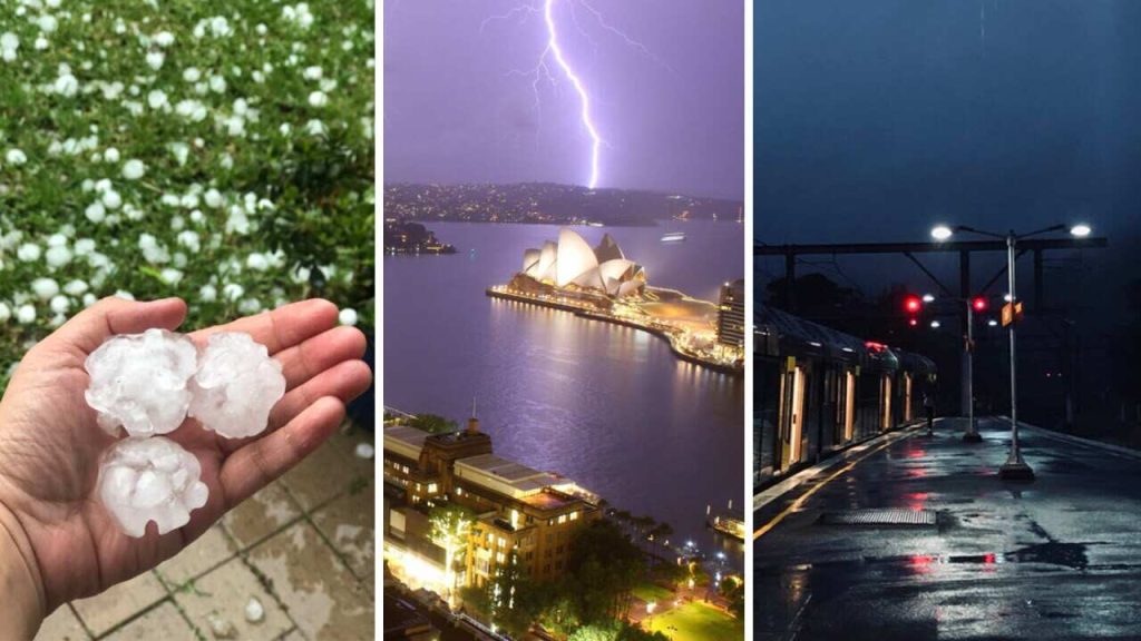Composite of Sydney storm imagery: hailstones held in a hand, lightning over the Opera House, and a rain-soaked train platform at night