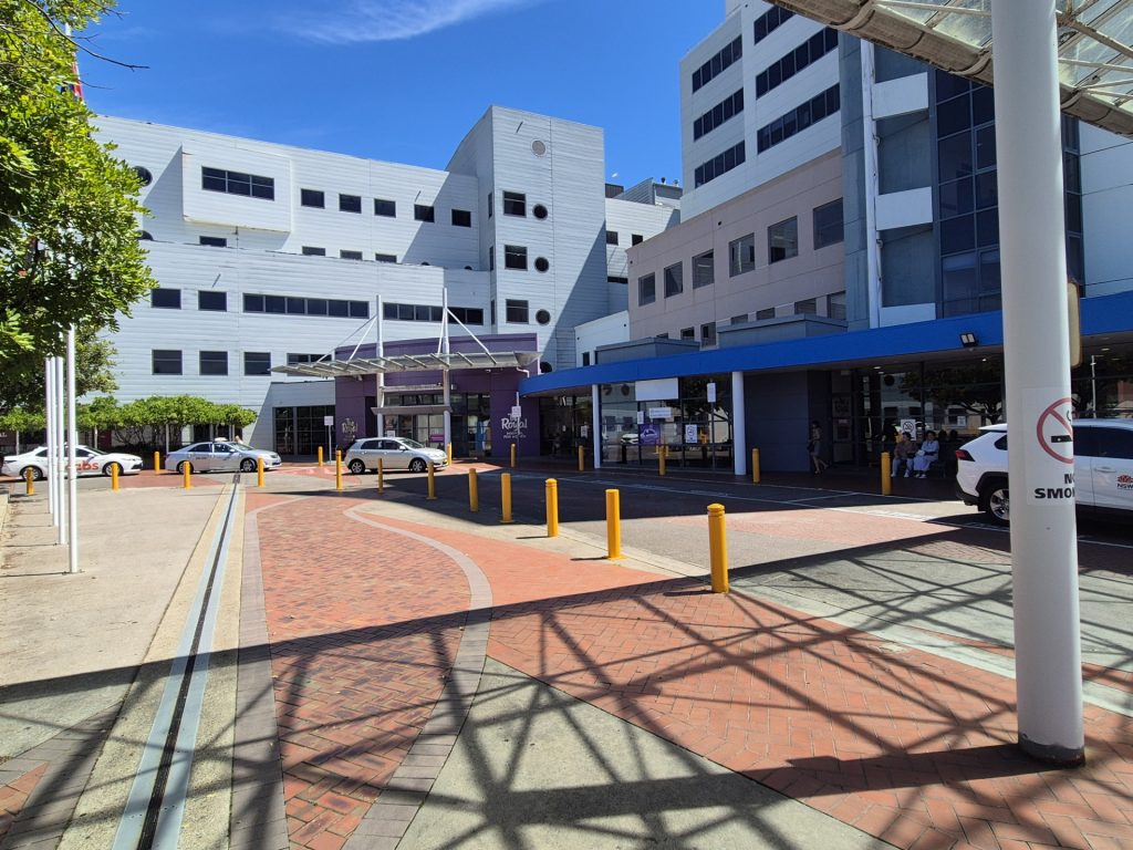 Covered walkway awnings along the drop-off zone at Prince of Wales Hospital, Randwick